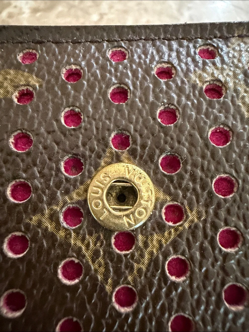 Louis Vuitton Auth Monogramed Perforated Compact Zipper Fuschia wallet /dustbag